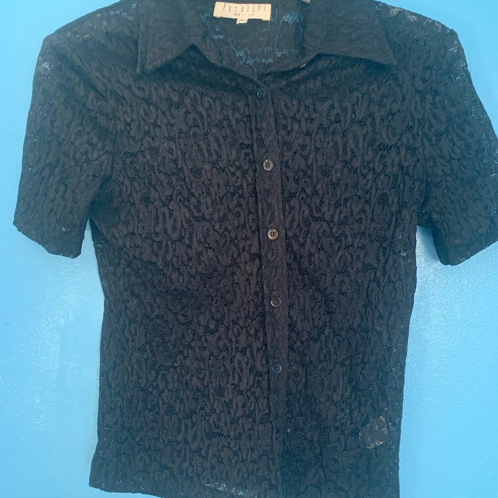 Parallel Black Lace Stretch Short Sleeve Shirt Top